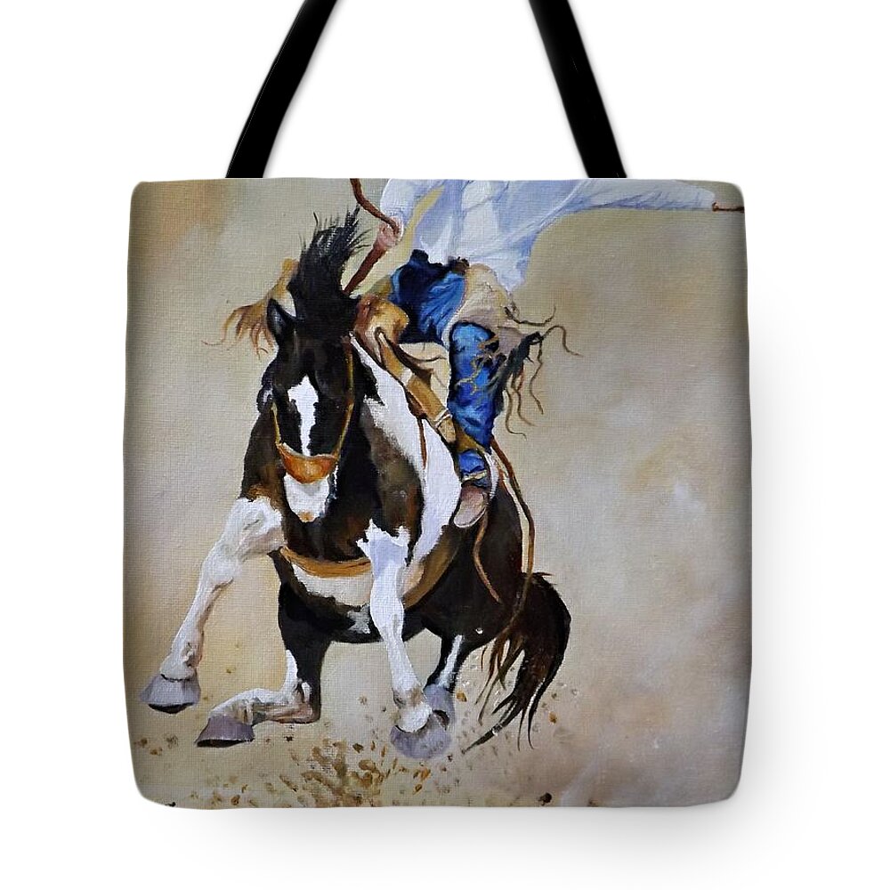 Rodeo Tote Bag featuring the painting Trying for a 90 #2 by Barry BLAKE