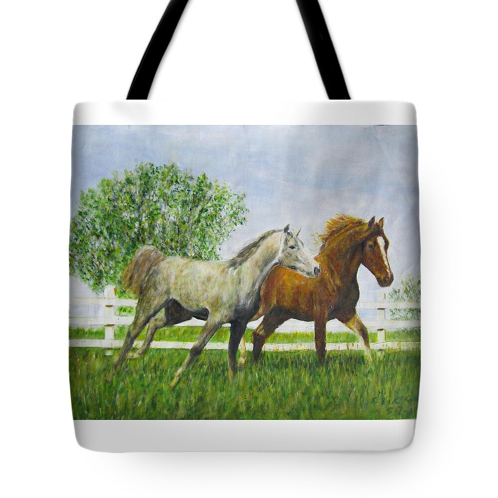 Impressionism Tote Bag featuring the painting Two Horses Running by White Picket Fence by Glenda Crigger