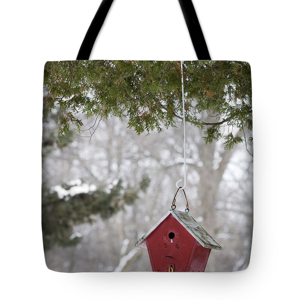 Birdhouse Tote Bag featuring the photograph Winter Shelter #2 by Patty Colabuono