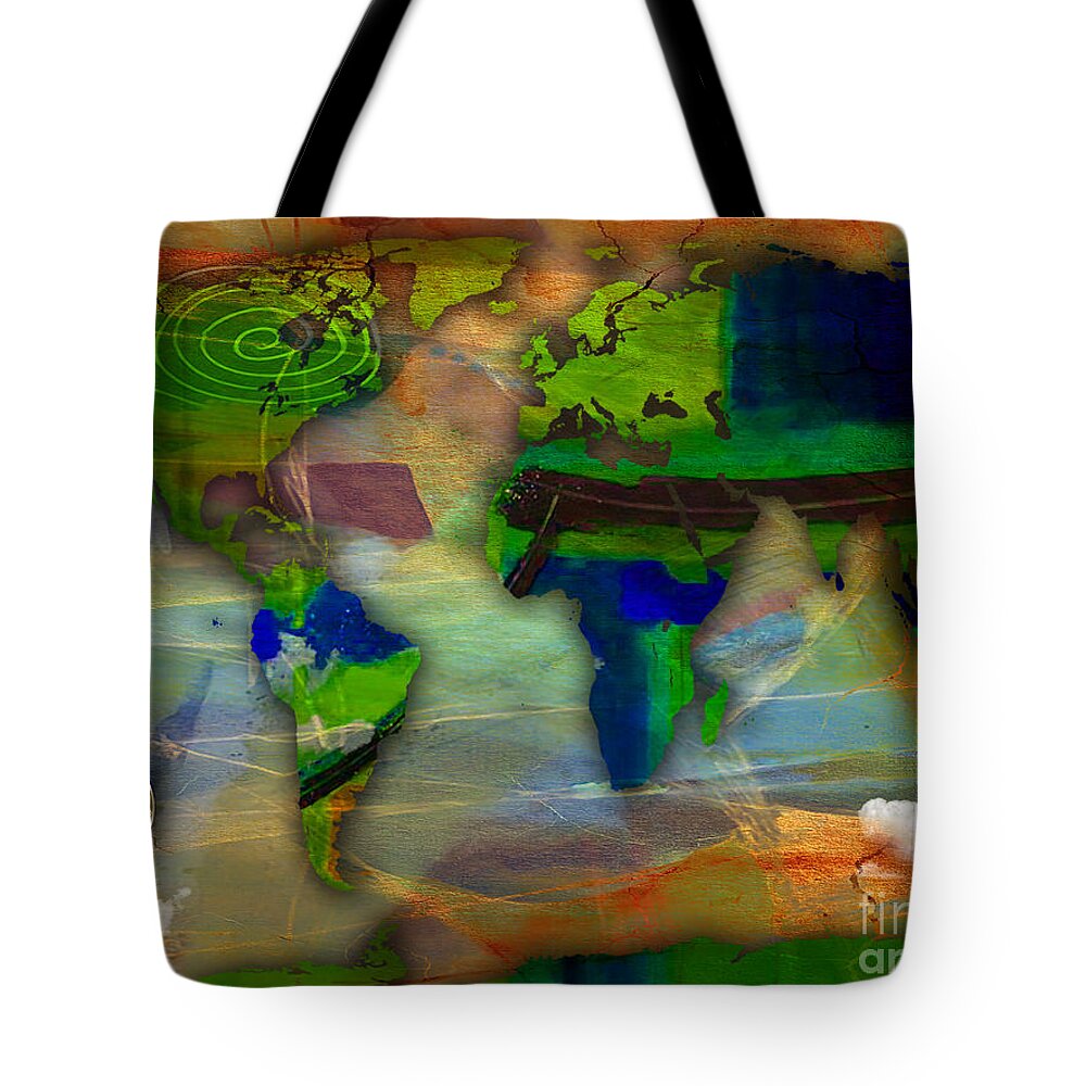 World Map Tote Bag featuring the mixed media World Map and Compass Watercolor #2 by Marvin Blaine