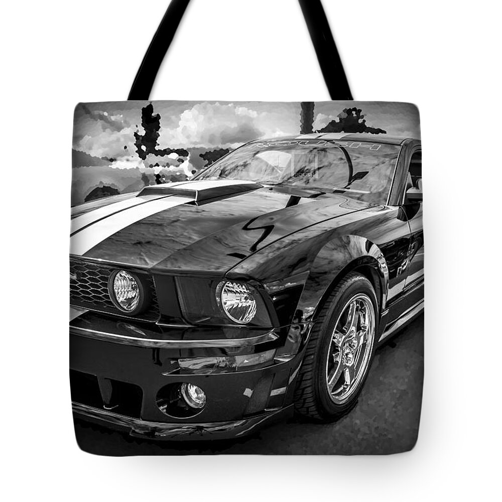 2008 Mustang Tote Bag featuring the photograph 2008 Ford Shelby Mustang with the Roush Stage 2 Package BW by Rich Franco