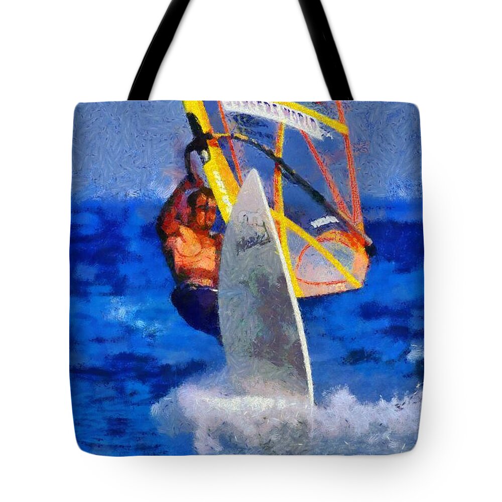 Windsurfing Tote Bag featuring the painting Windsurfing #20 by George Atsametakis