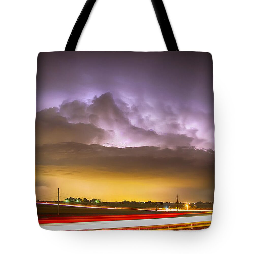 Intra-cloud Tote Bag featuring the photograph 25 to 34 Intra-Cloud Lightning Golden Light Car Trails by James BO Insogna