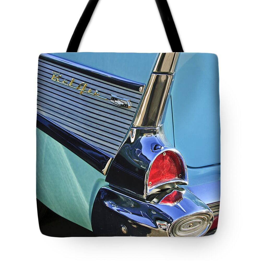 1957 Chevrolet Belair Tote Bag featuring the photograph 1957 Chevrolet Belair Taillight #3 by Jill Reger