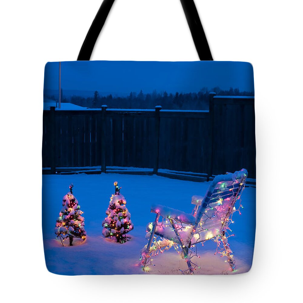 Christmas Tote Bag featuring the photograph Christmas Lights On Trees And Lawn Chair #3 by Jim Corwin