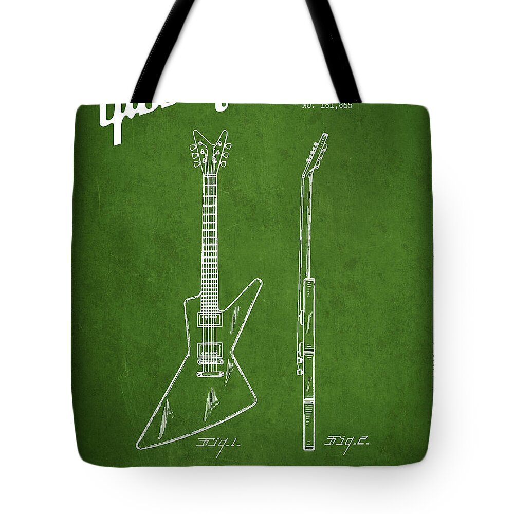 Gibson Tote Bag featuring the digital art McCarty Gibson electrical guitar patent Drawing from 1958 - Green by Aged Pixel