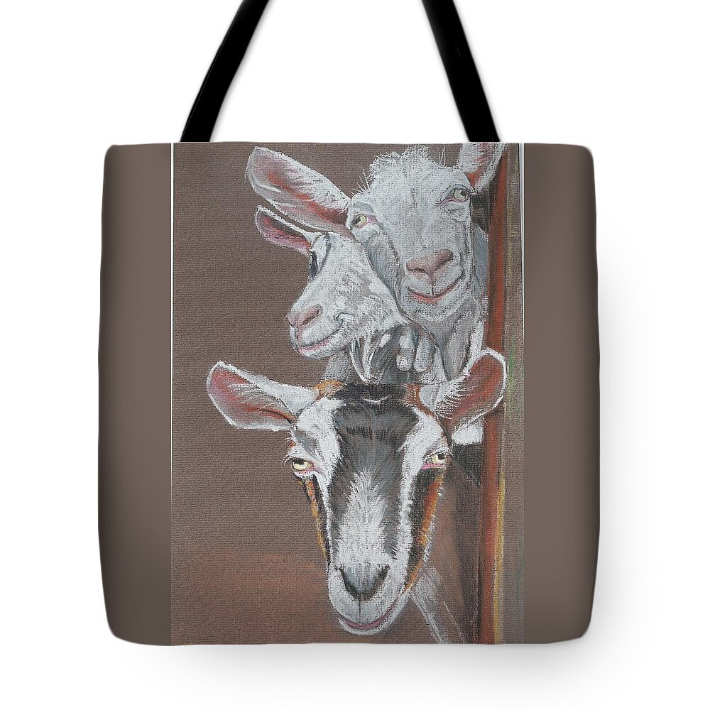 Goats Tote Bag featuring the pastel 3 Nosey Goats by Teresa Smith