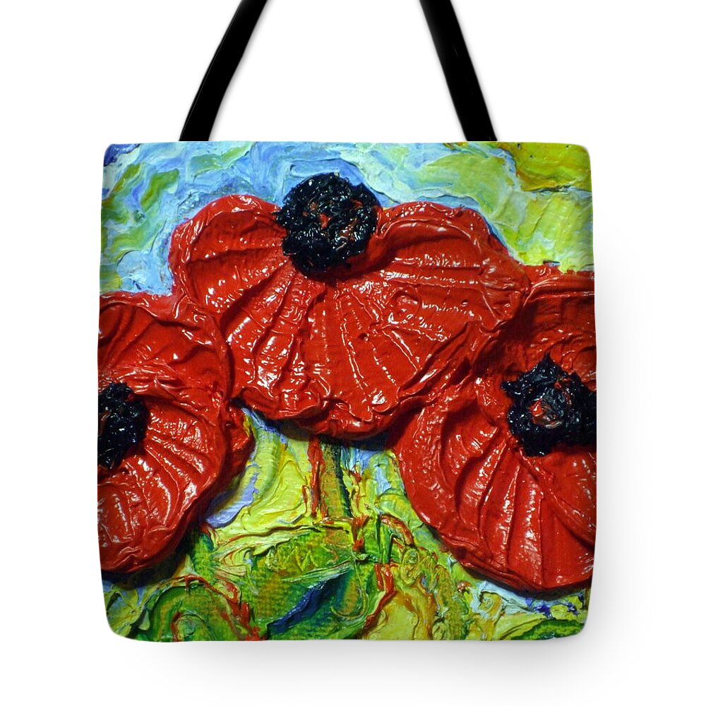 Red Tote Bag featuring the painting Paris' Red Poppies #2 by Paris Wyatt Llanso