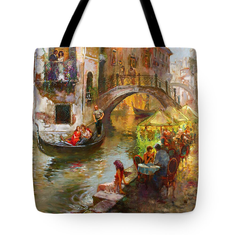 Romance Tote Bag featuring the painting Romance in Venice #3 by Ylli Haruni