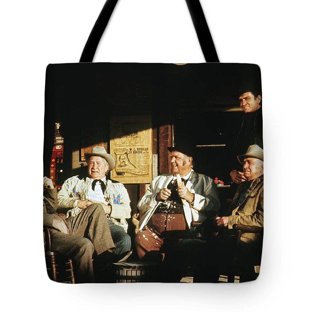 The Over The Hill Gang Johnny Cash Porch Old Tucson Arizona 1971 Tote Bag featuring the photograph The Over The Hill Gang Johnny Cash Porch Old Tucson Arizona 1971 #5 by David Lee Guss