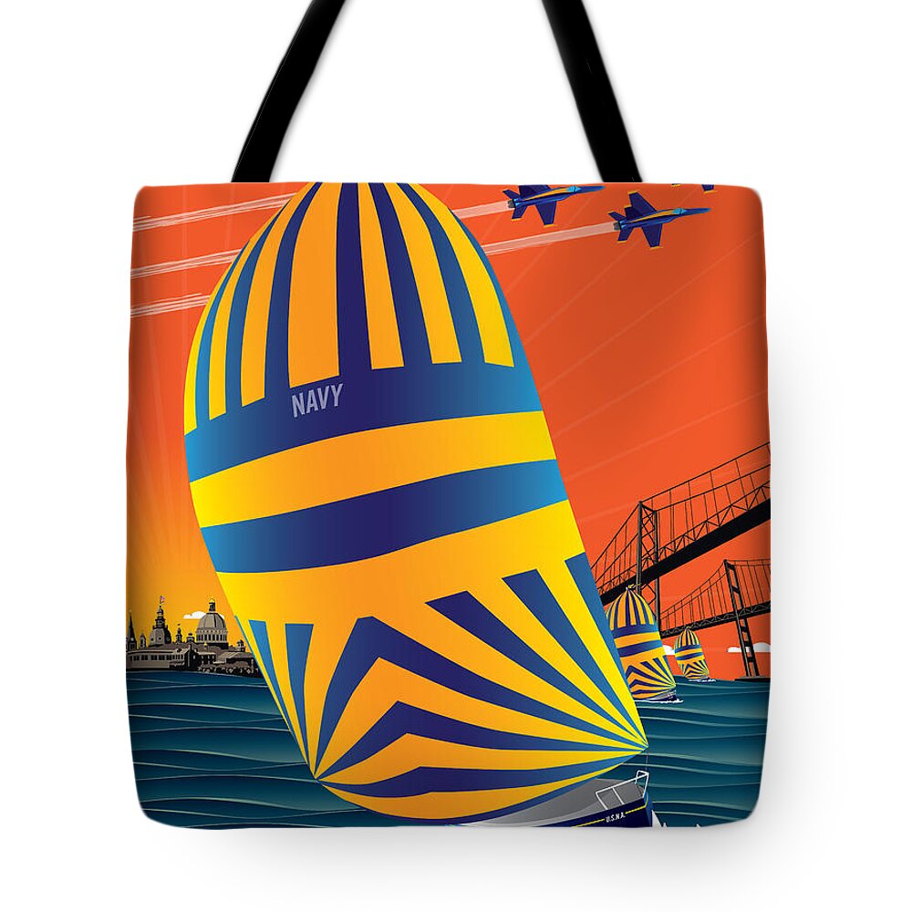 Navy 44s Tote Bag featuring the digital art USNA Sunset Sail #3 by Joe Barsin
