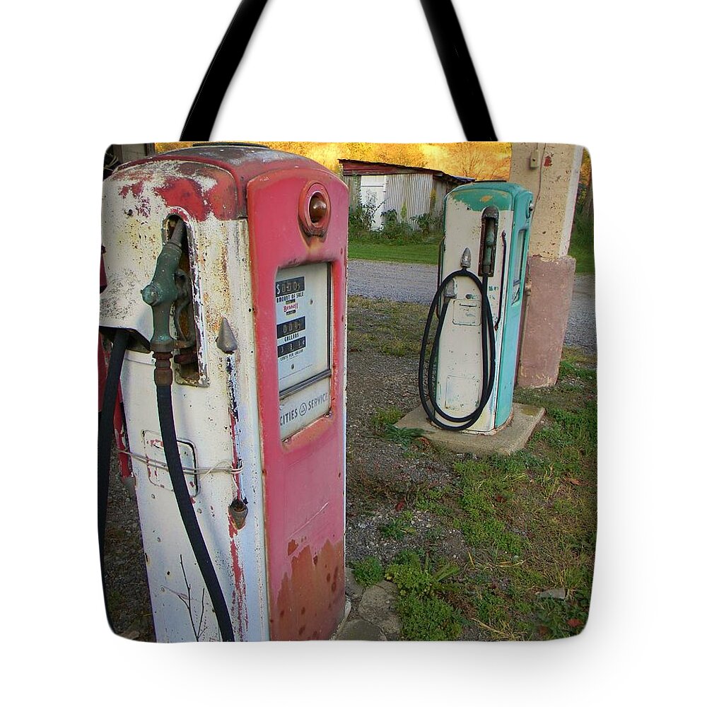 Old Gas Pumps Tote Bag featuring the photograph 33 Cents Per Gallon by Jean Goodwin Brooks