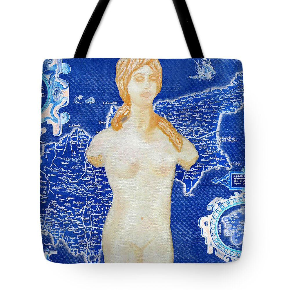 Augusta Stylianou Tote Bag featuring the digital art Ancient Cyprus Map and Aphrodite by Augusta Stylianou