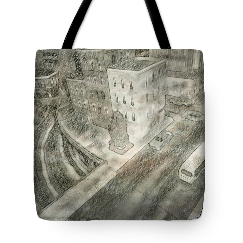 Urban Street Tote Bag featuring the drawing 34th st. New York City by Joan Reese