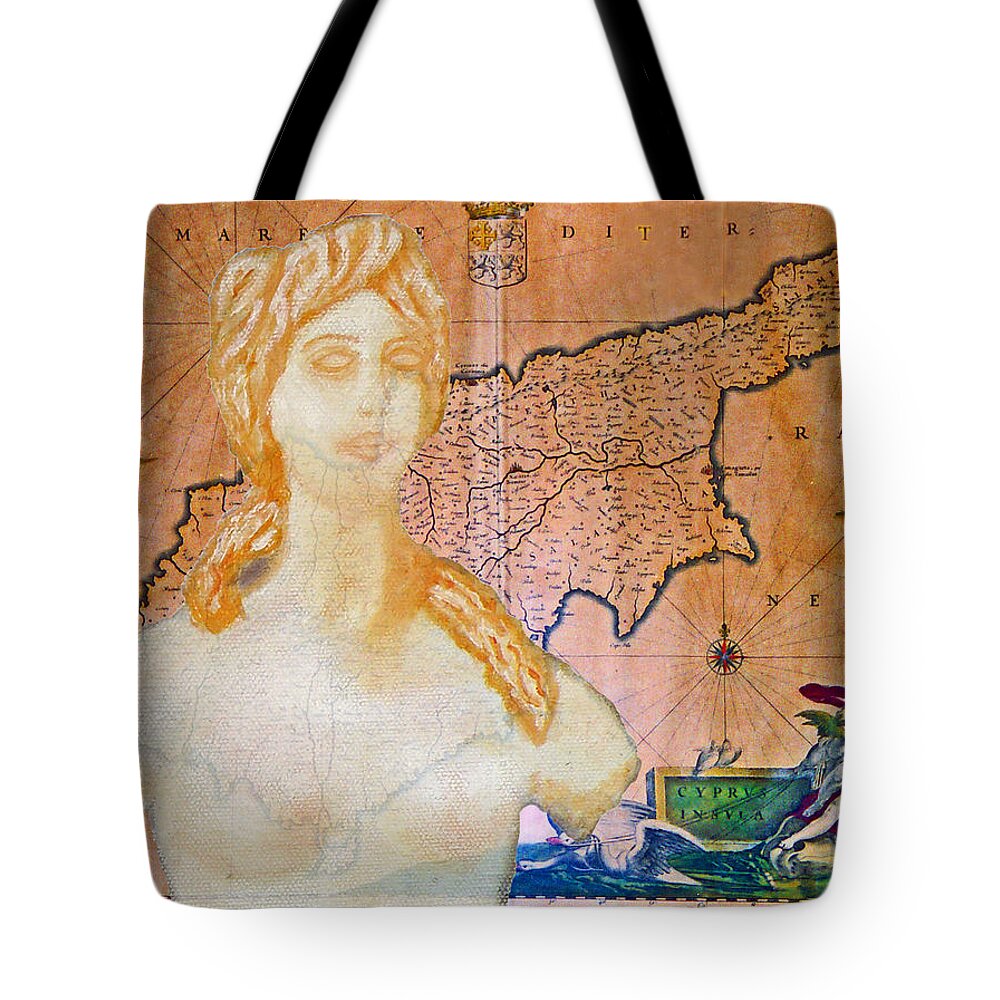 Augusta Stylianou Tote Bag featuring the digital art Ancient Cyprus Map and Aphrodite #39 by Augusta Stylianou