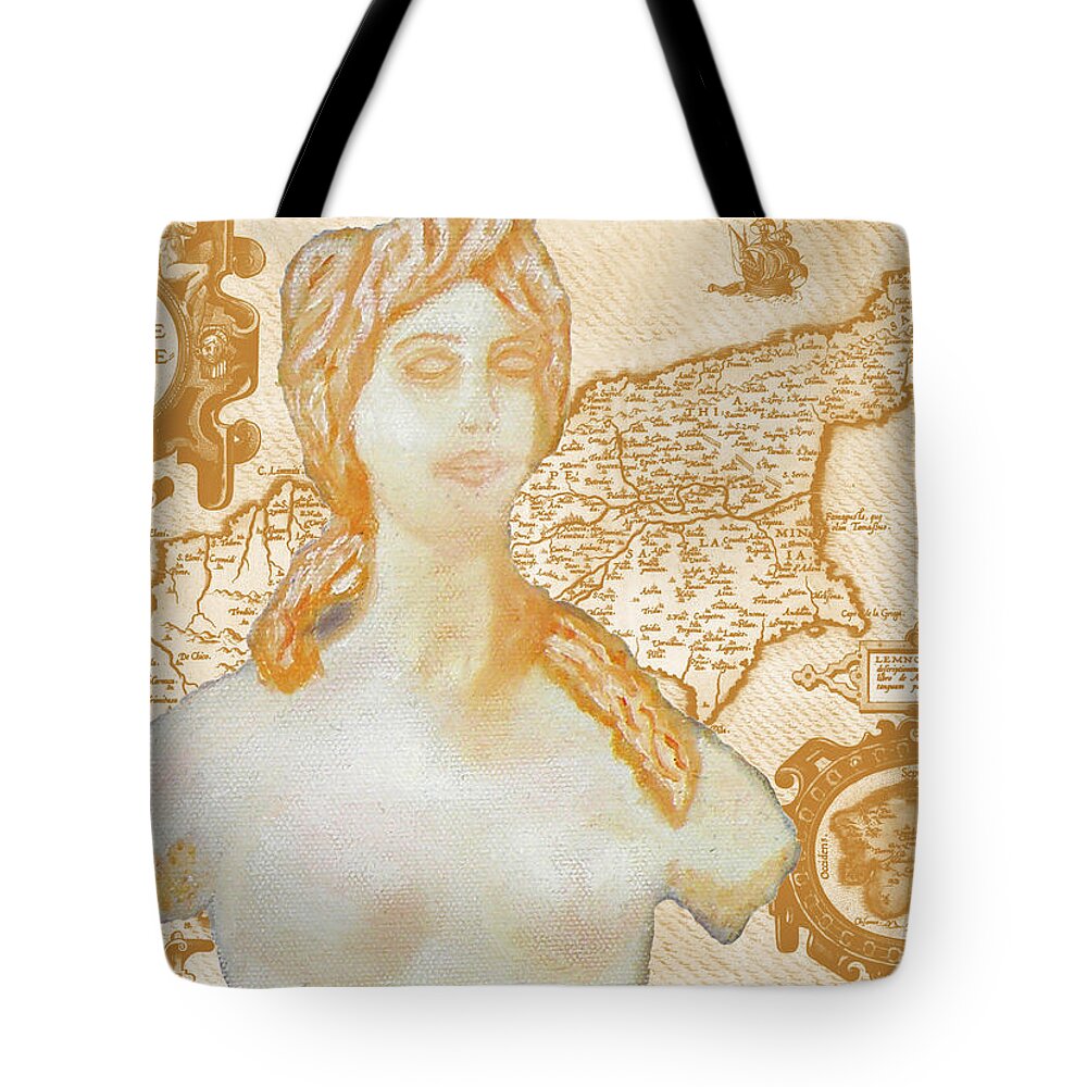 Augusta Stylianou Tote Bag featuring the digital art Ancient Cyprus Map and Aphrodite #40 by Augusta Stylianou