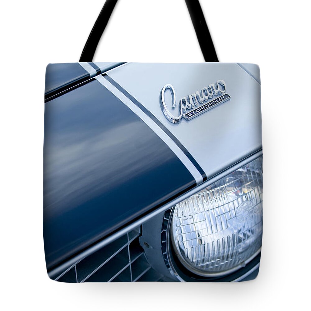 1969 Camaro Tote Bag featuring the photograph 1969 Chevrolet Camaro Z-28 Emblem #5 by Jill Reger