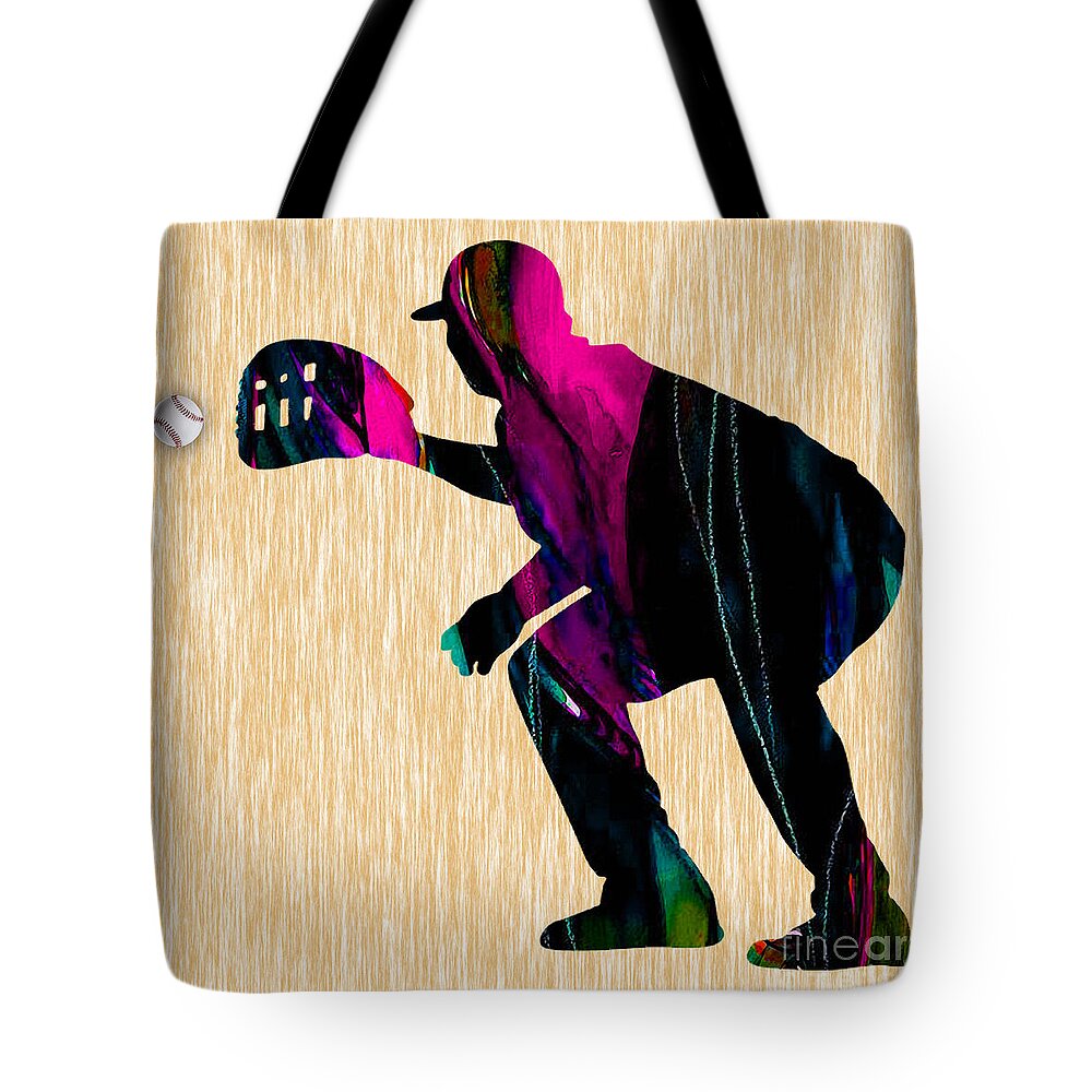 Baseball Tote Bag featuring the mixed media Baseball Catcher #4 by Marvin Blaine