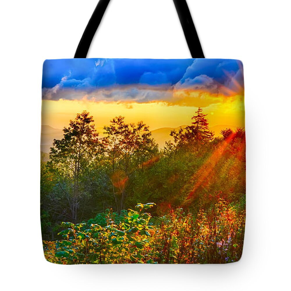 Autumn Tote Bag featuring the photograph Blue Ridge Parkway late summer Appalachian Mountains Sunset West #4 by Alex Grichenko