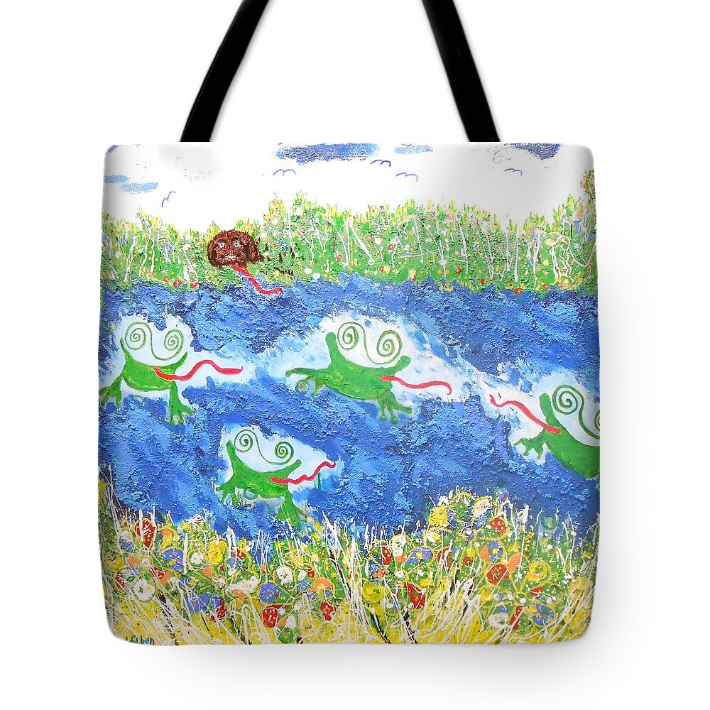 Abstract Tote Bag featuring the painting 4 Frogs and a Bear by GH FiLben