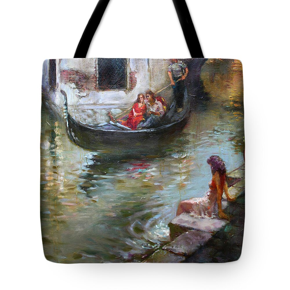 Romance Tote Bag featuring the painting Romance in Venice by Ylli Haruni