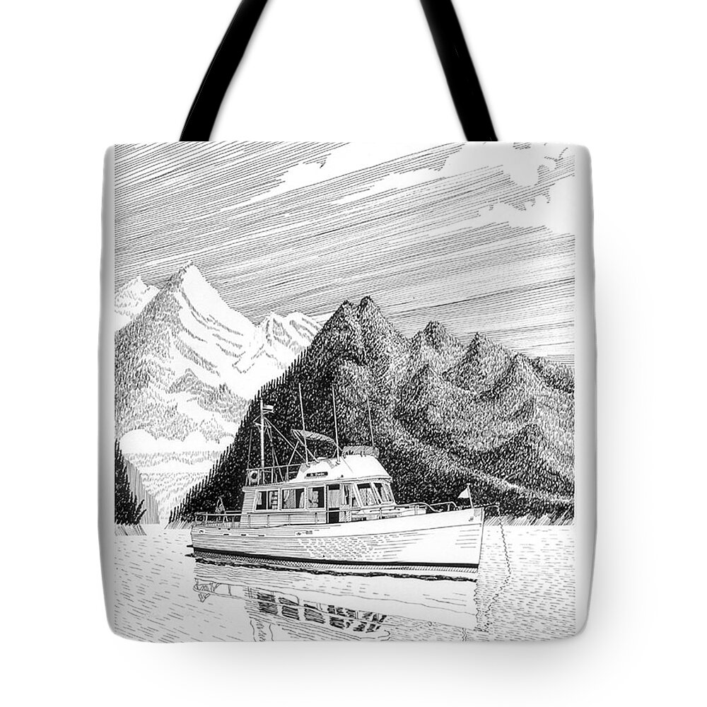 42' Grand Banks Motor Yacht Tote Bag featuring the drawing Grand Banks Desolation Sound by Jack Pumphrey