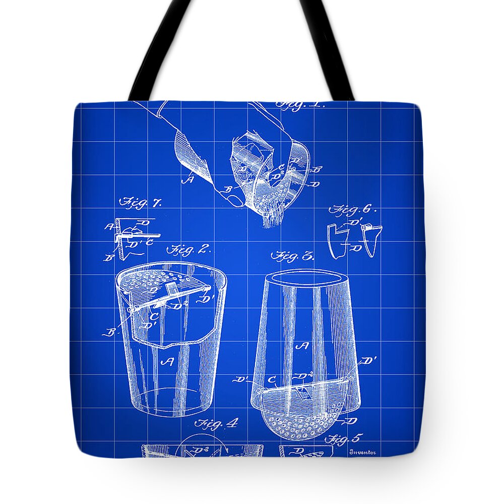 Cocktail Tote Bag featuring the digital art Cocktail Mixer and Strainer Patent 1902 - Blue by Stephen Younts