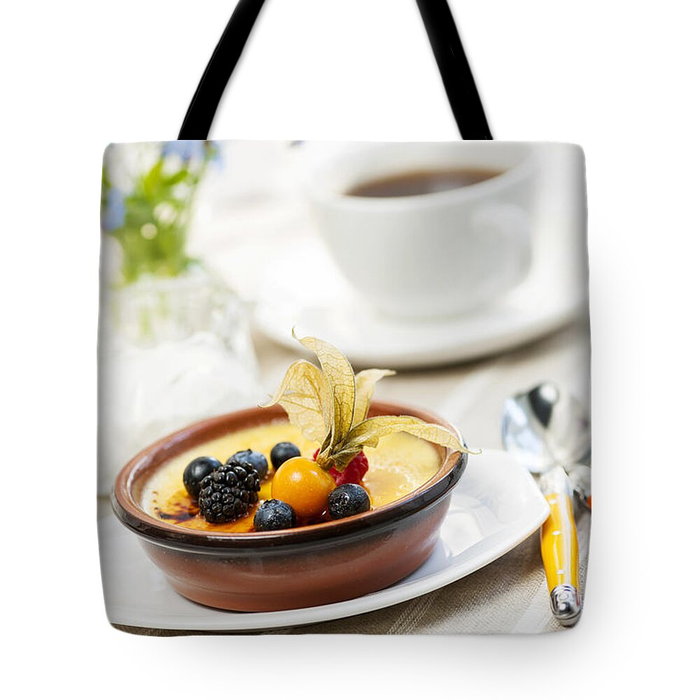 Creme Brulee Tote Bag featuring the photograph Creme brulee dessert 1 by Elena Elisseeva
