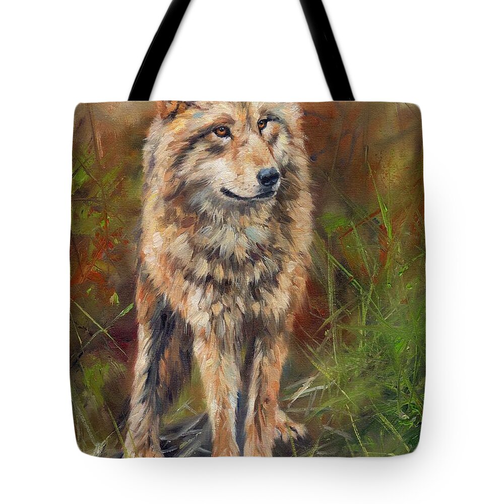Wolf Tote Bag featuring the painting Grey Wolf #5 by David Stribbling