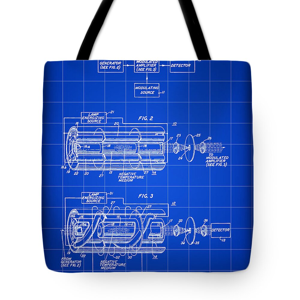 Laser Tote Bag featuring the digital art Laser Patent 1958 - Blue by Stephen Younts