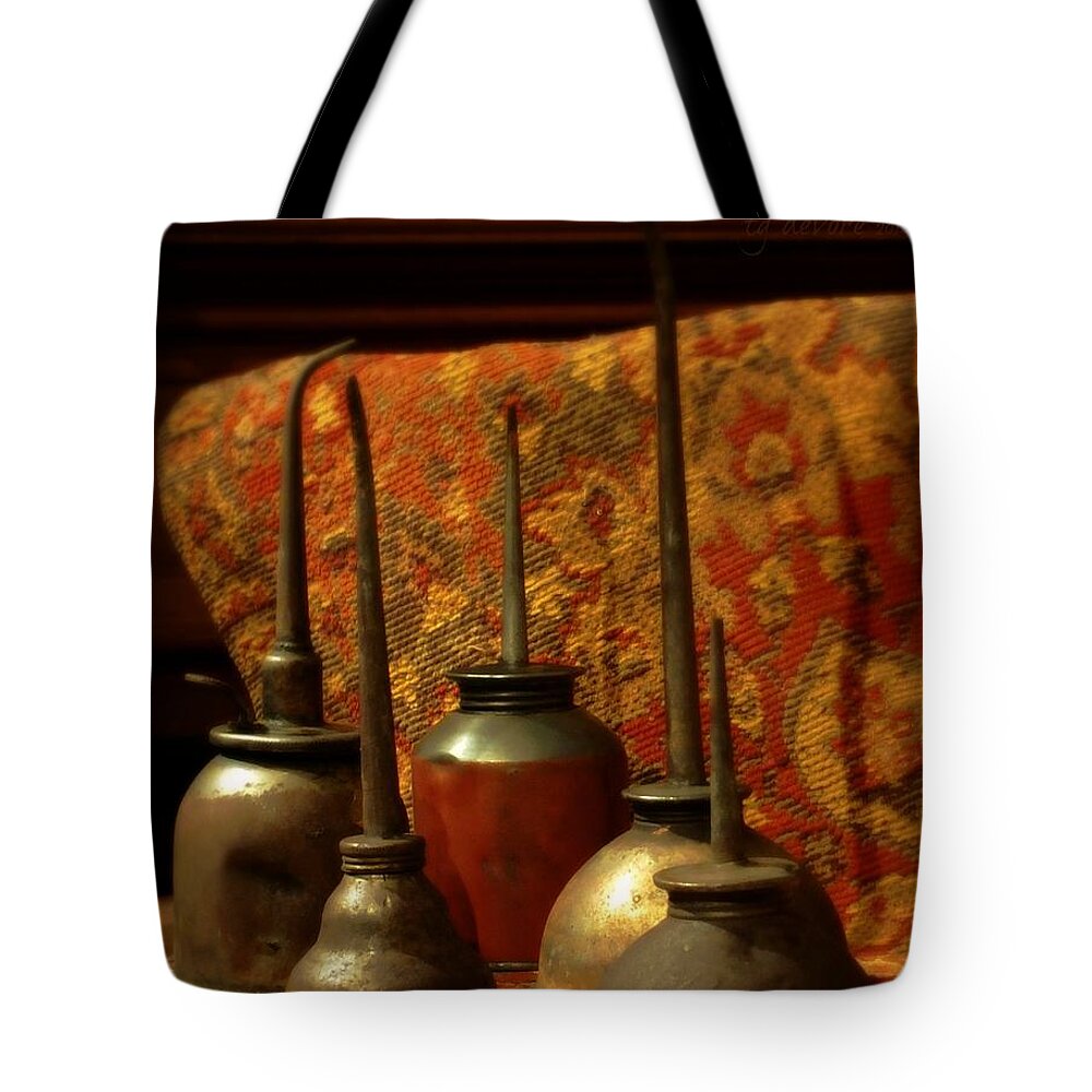 Still Life Tote Bag featuring the digital art 5 Oil Cans by Tg Devore
