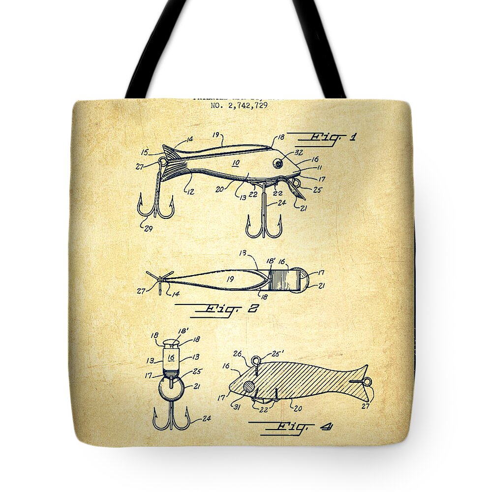 Vintage Fishing Lure Patent Drawing from 1956 #3 Tote Bag by Aged