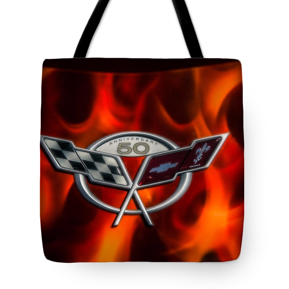 Chevy Tote Bag featuring the photograph 50th Anniversary Chevy Corvette by Eleanor Abramson