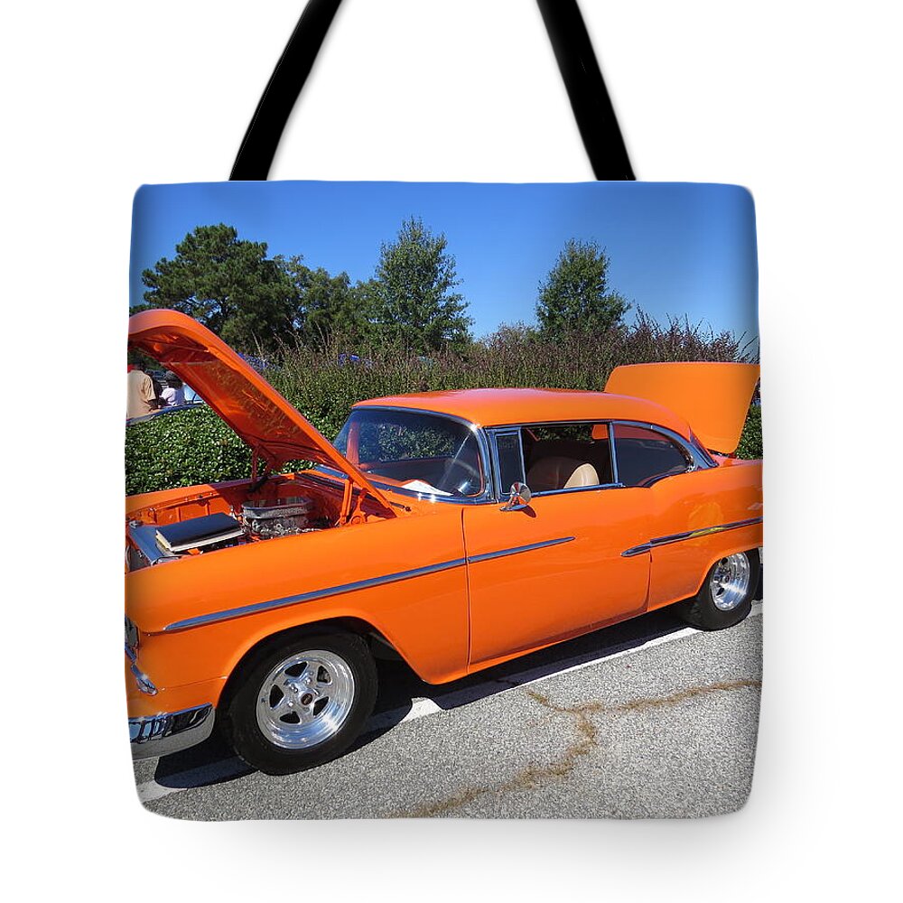 1955 Chevy Tote Bag featuring the photograph 55 Chevy belair by Aaron Martens