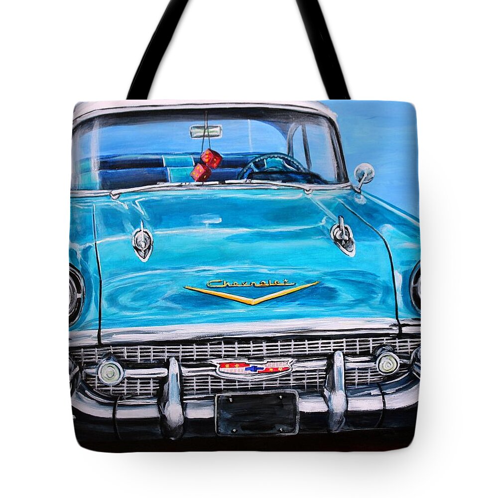 Chevy Tote Bag featuring the painting '57 Chevy Front End by Karl Wagner