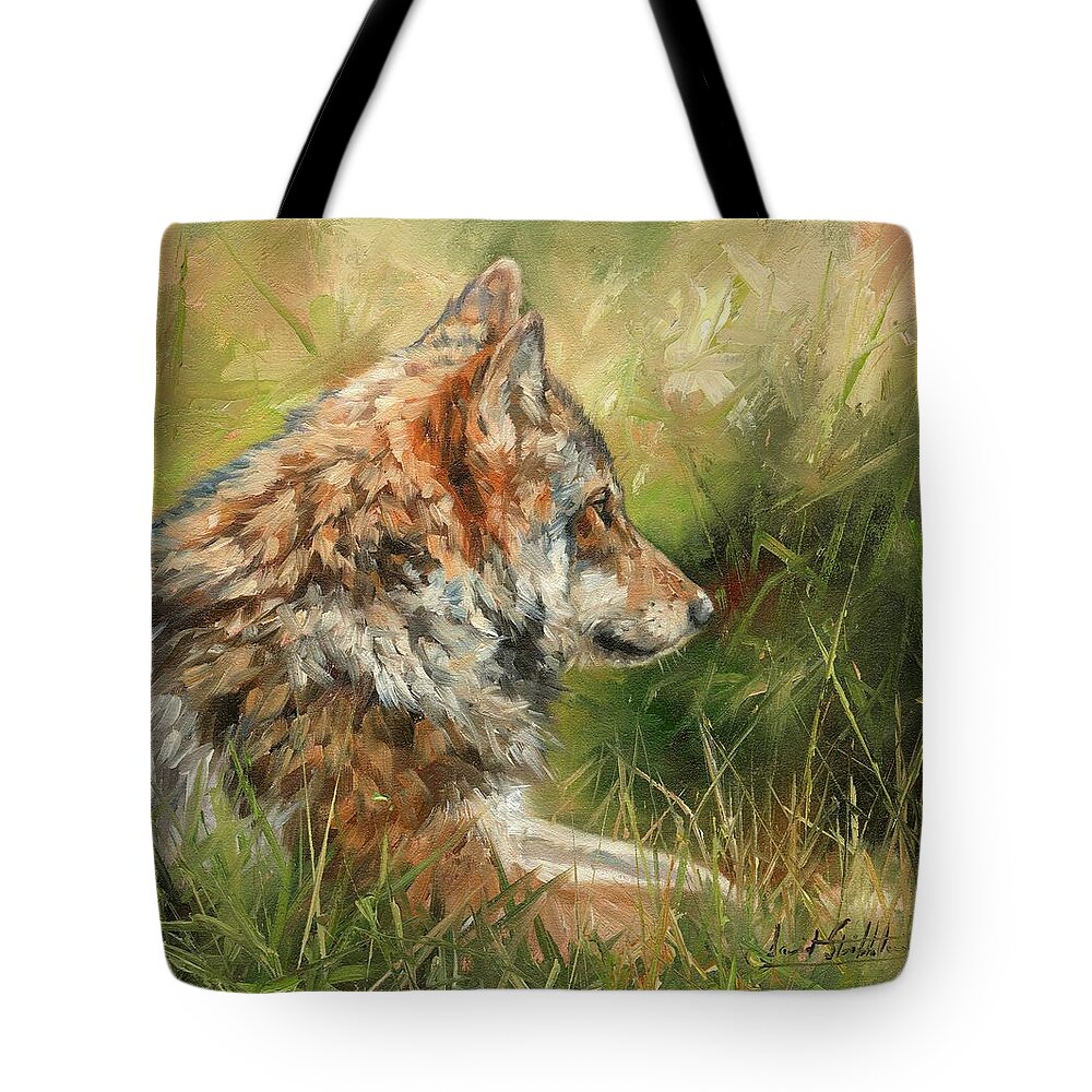 Wolf Tote Bag featuring the painting Grey Wolf #6 by David Stribbling