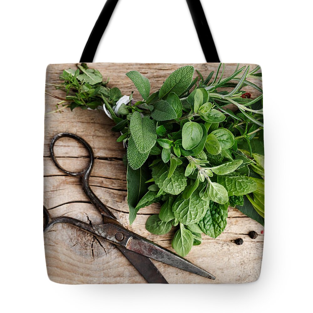 Lorel Tote Bag featuring the photograph Kitchen Herbs #6 by Nailia Schwarz