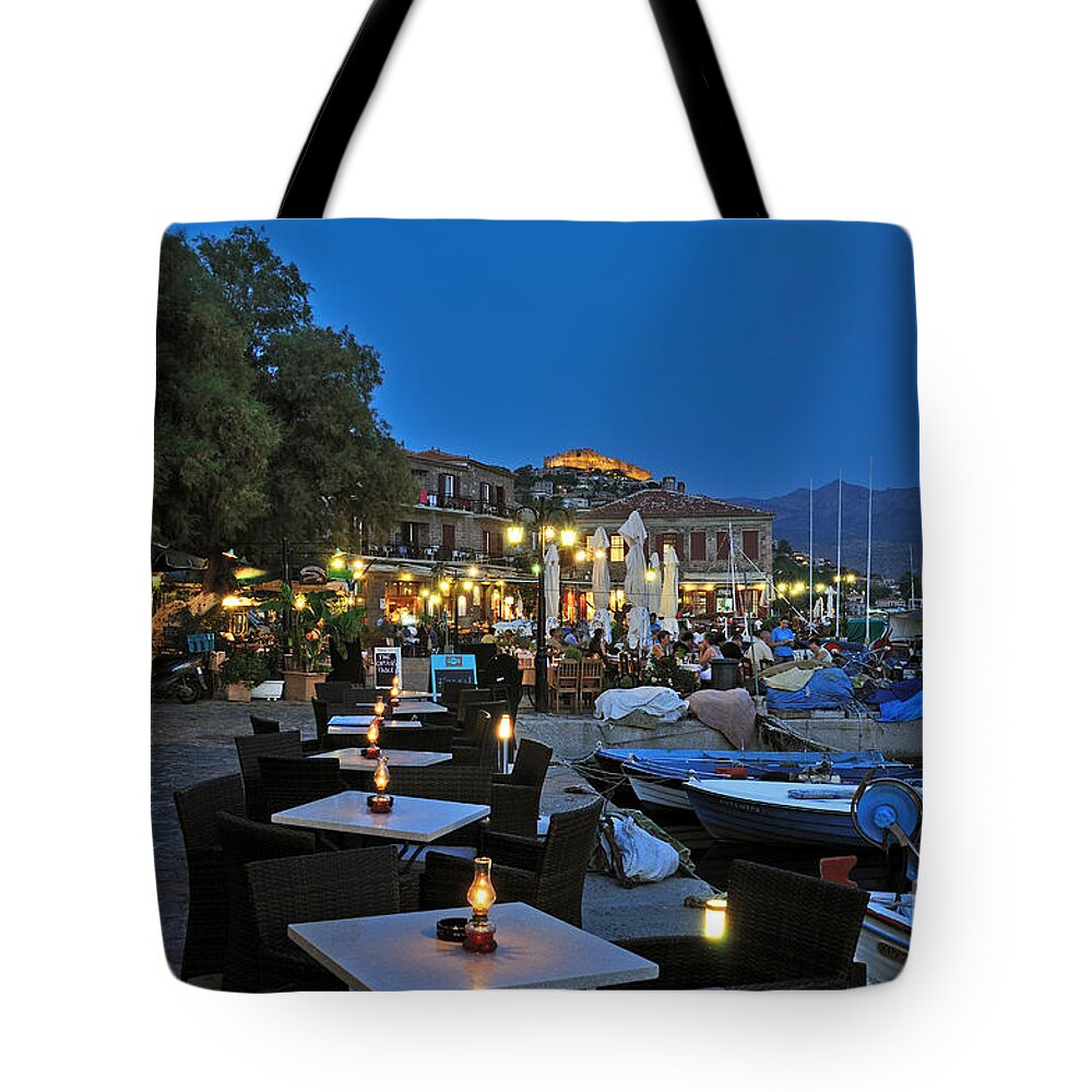 Lesvos; Lesbos; Molyvos; Molivos; Mithymna; Methymna; Village; Town; People; Tourists; Port; Harbor; Castle; Fortress; Islands; Greece; Greek; Hellas; Aegean; Summer; Holidays; Vacation; Tourism; Touristic; Travel; Trip; Island Tote Bag featuring the photograph Molyvos village during dusk time #2 by George Atsametakis