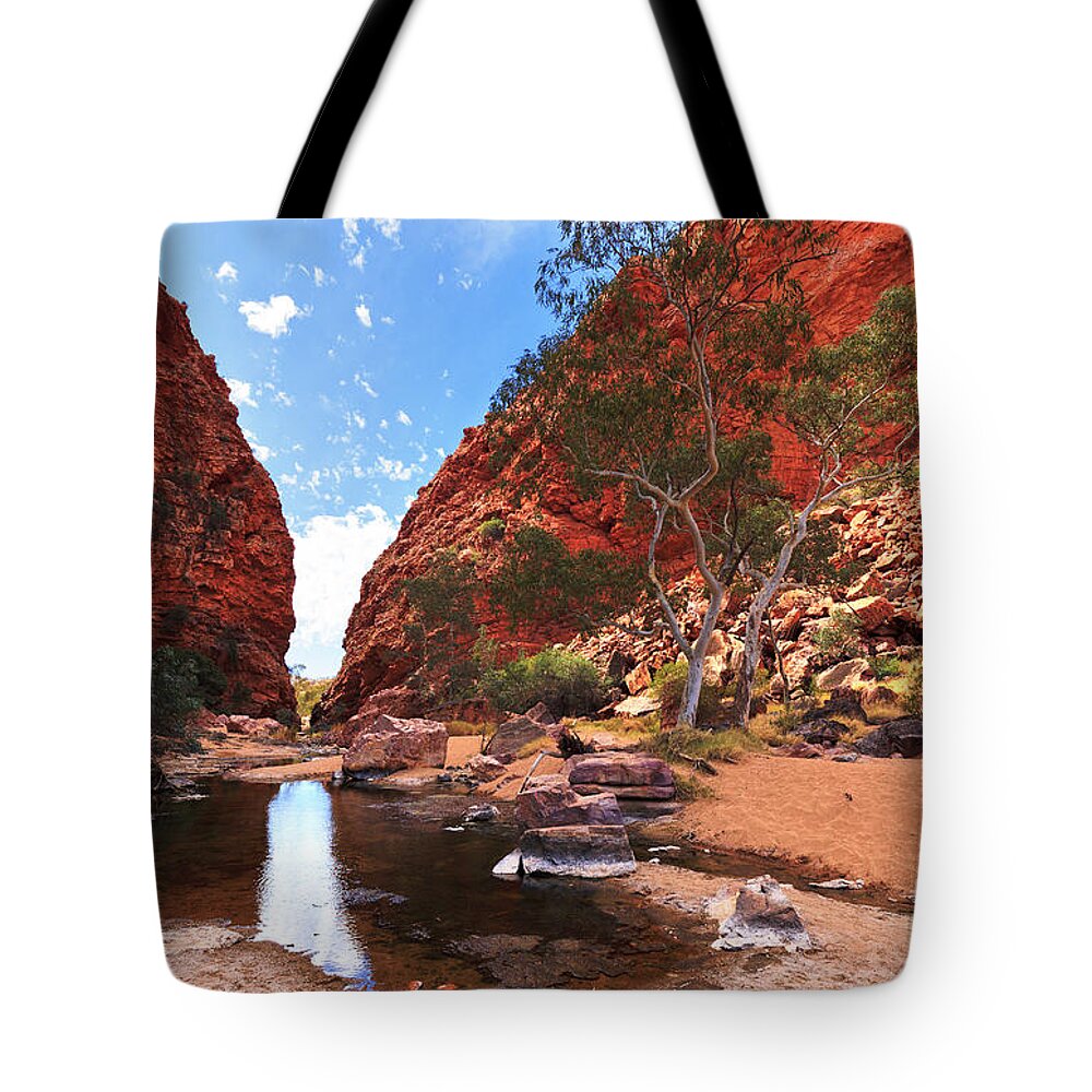 Simpsons Gap Central Australia Landscape Outback Water Hole West Mcdonnell Ranges Northern Territory Australian Landscapes Ghost Gum Trees Tote Bag featuring the photograph Simpsons Gap #8 by Bill Robinson