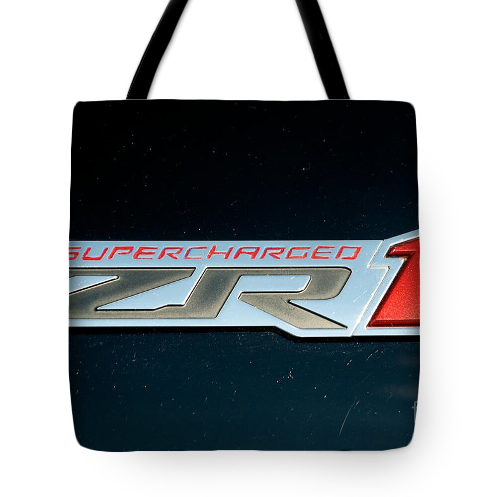 Car Tote Bag featuring the photograph 63 Corvette Supercharded Logo by Mark Dodd