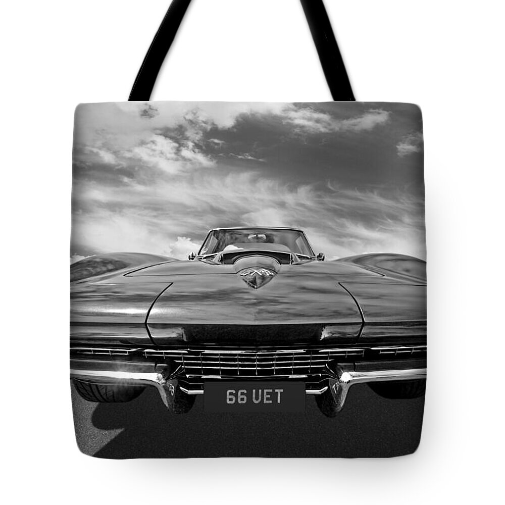Corvette Stingray Tote Bag featuring the photograph 66 Vette Stingray in Black and White by Gill Billington