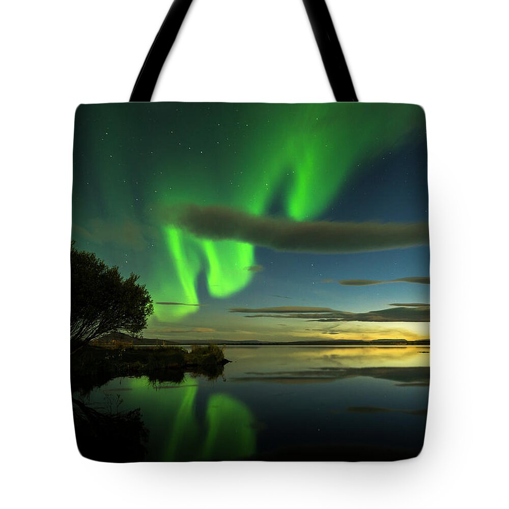 Dawn Tote Bag featuring the photograph Aurora Borealis On Iceland #7 by Subtik