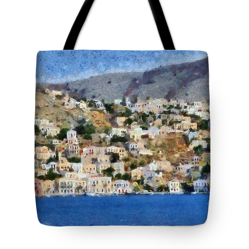 Symi Tote Bag featuring the painting Symi island #9 by George Atsametakis