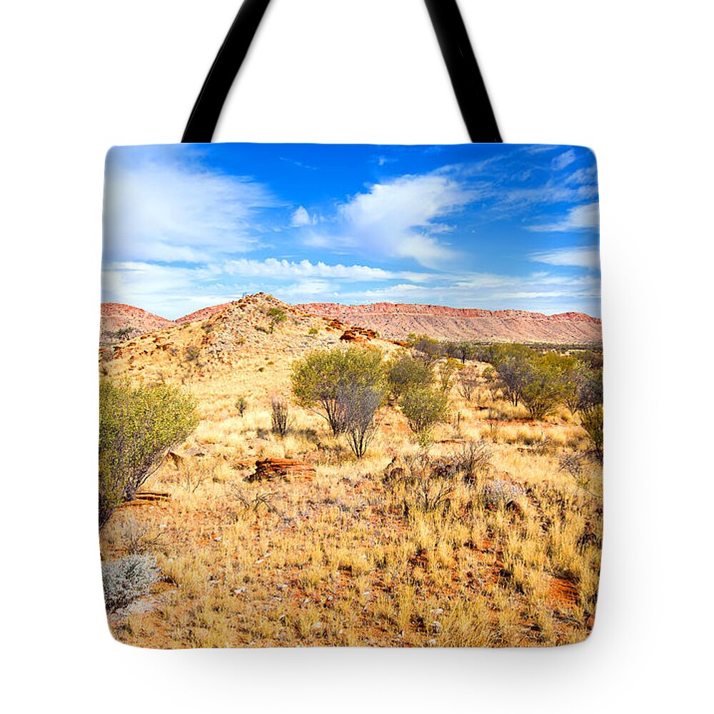Central Australia Landscape Outback Water Hole West Mcdonnell Ranges Northern Territory Australian Landscapes Ghost Gum Trees Larapinta Drive Tote Bag featuring the photograph West McDonnell Ranges Larapinta Drive by Bill Robinson
