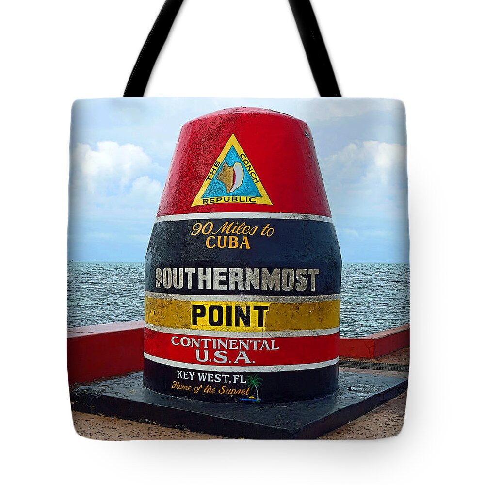 Key West Florida Tote Bag featuring the photograph Southernmost Point Key West - 90 Miles to Cuba by Rebecca Korpita
