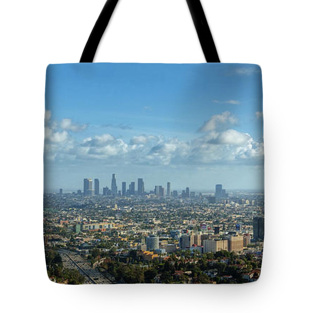 Los Angeles Skyline Panorama Clear Day Nice Clouds Tote Bag featuring the photograph A 10 day in Los Angeles by David Zanzinger