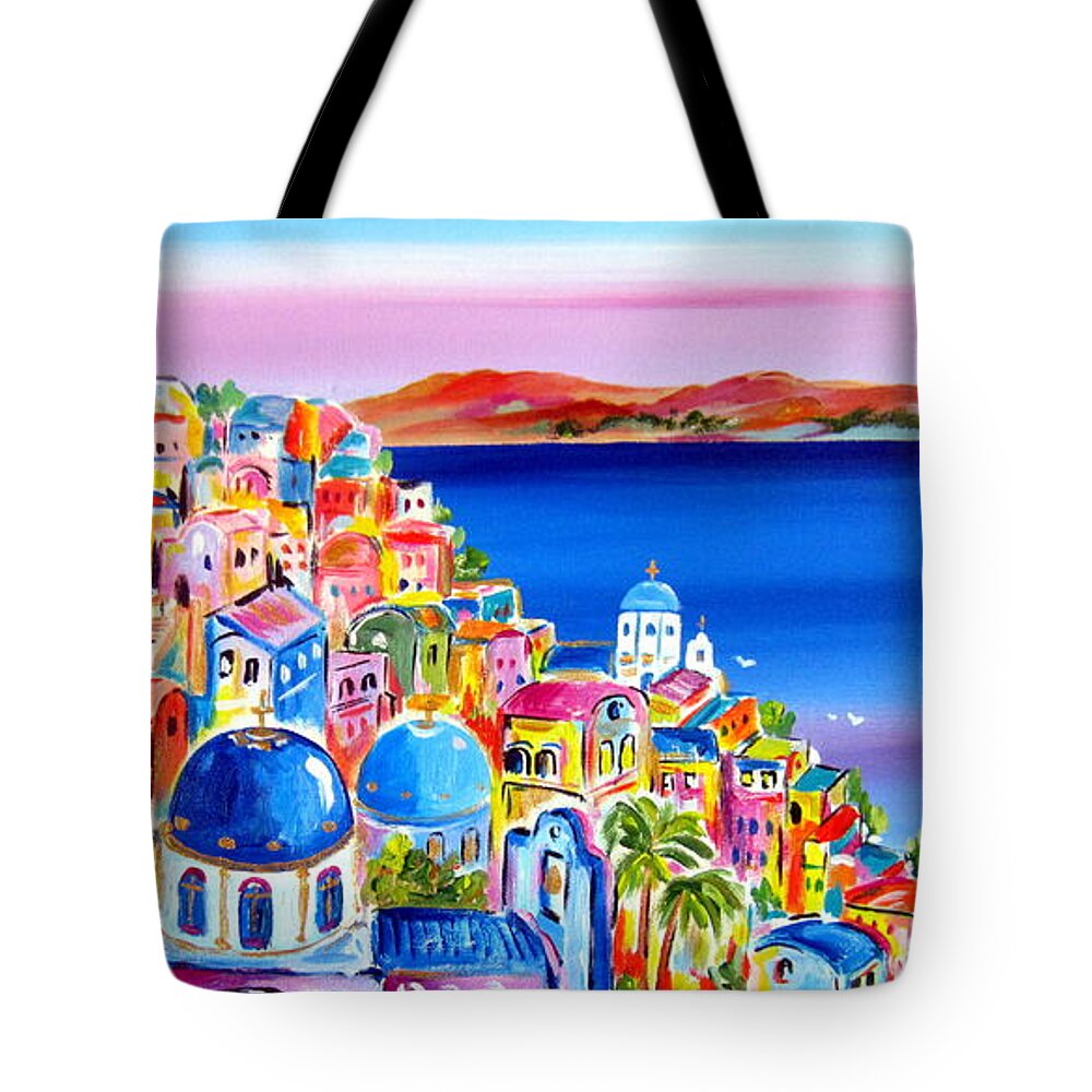Santorini Tote Bag featuring the painting A bright day in Santorini Greece by Roberto Gagliardi