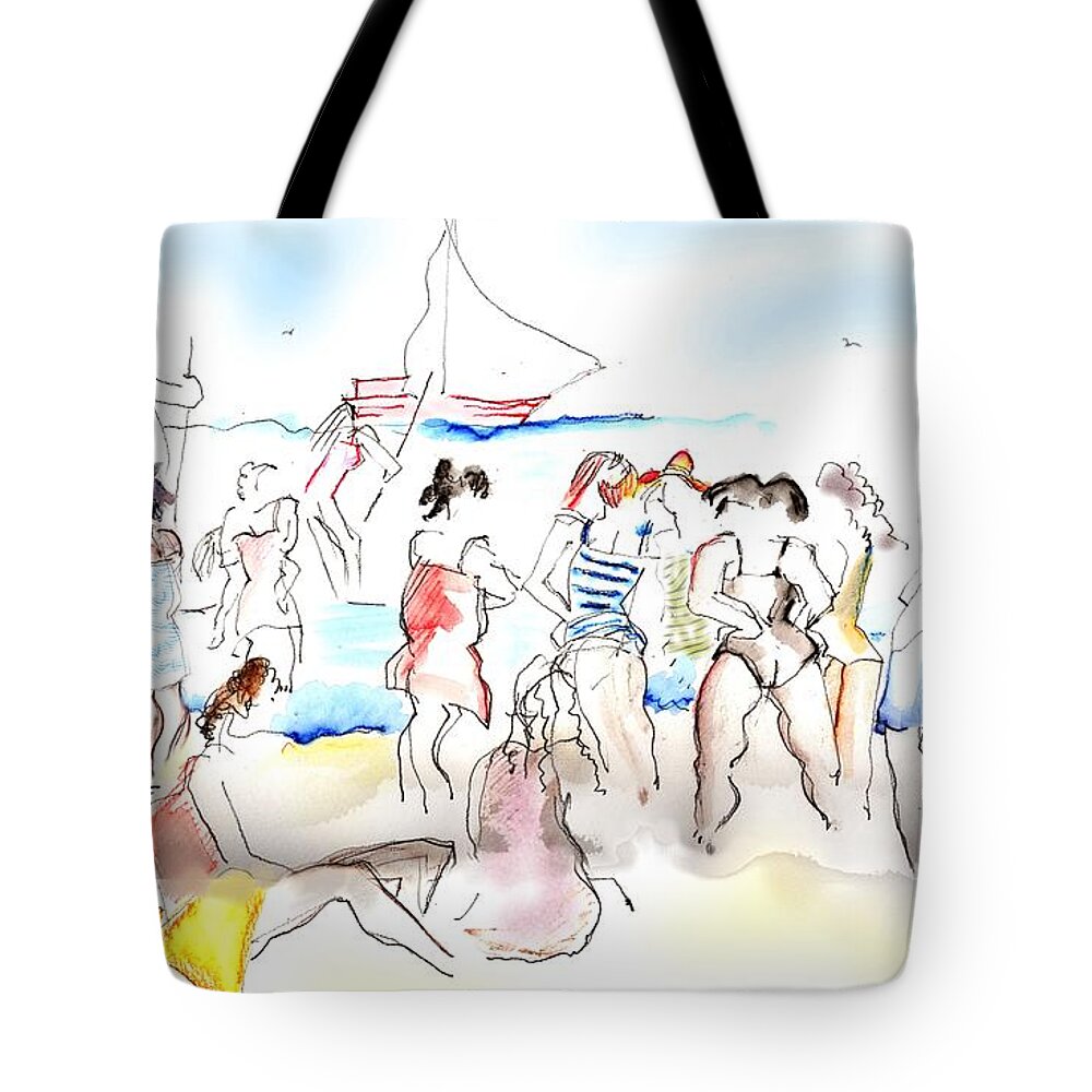 Beach Tote Bag featuring the painting A Busy Day at the Beach by Carolyn Weltman