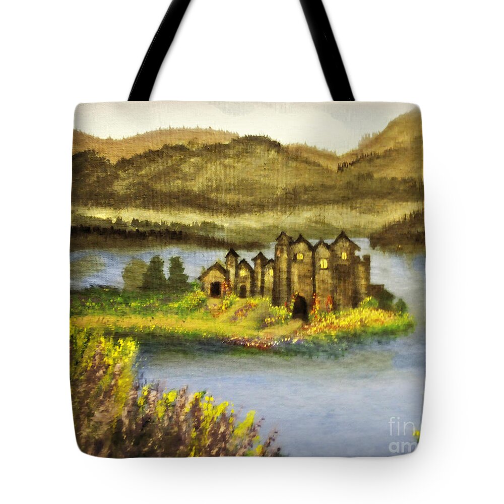 Castle Tote Bag featuring the painting A Castle in My Dream by Mindy Bench
