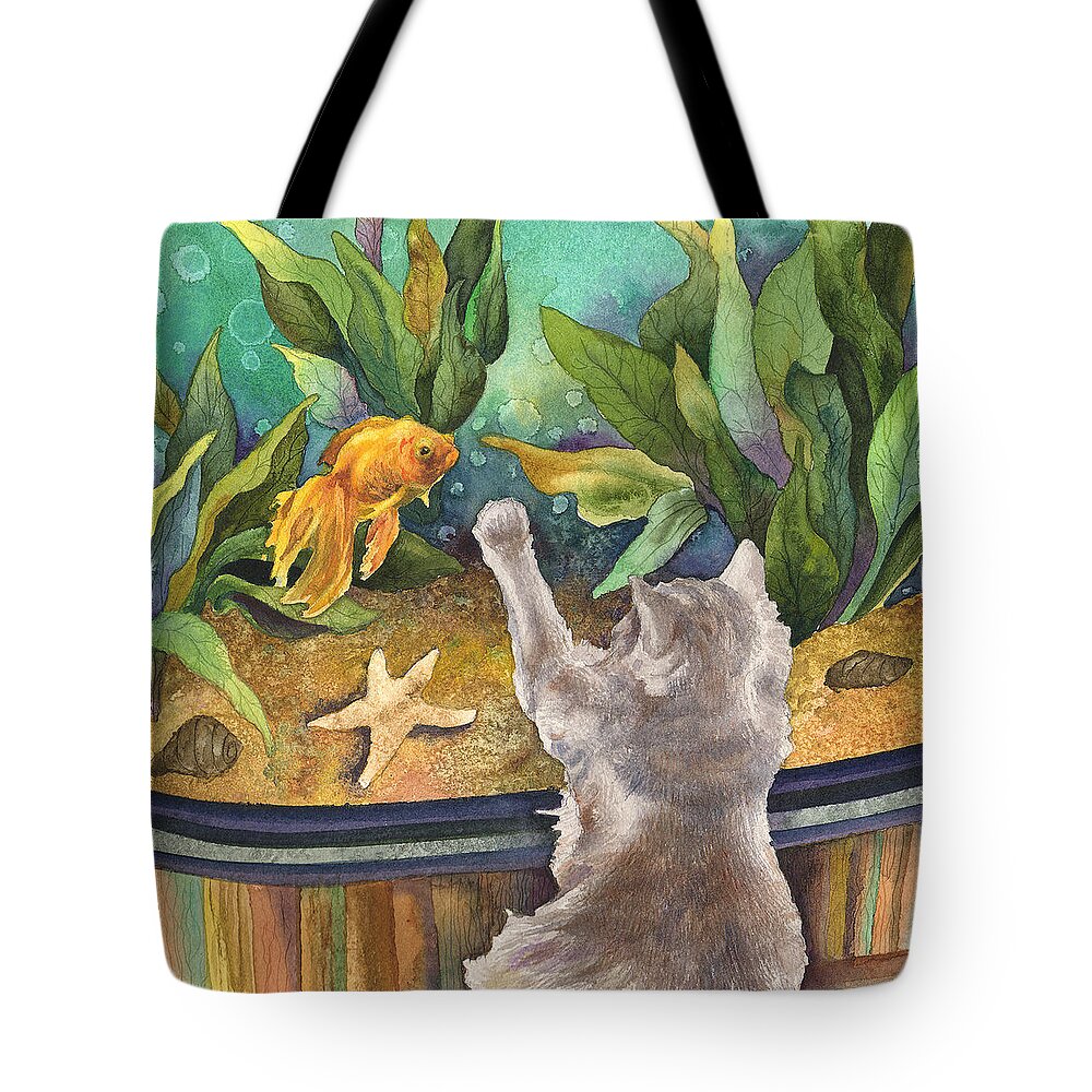 Cat Painting Tote Bag featuring the painting A Cat and a Fish Tank by Anne Gifford